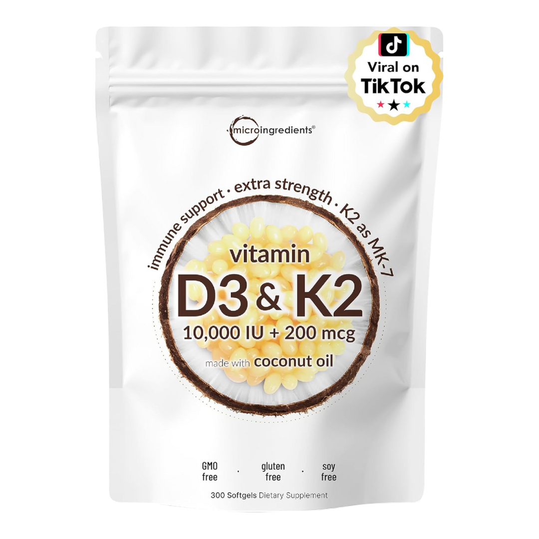 Micro Ingredients Vitamin D3 10,000 IU + K2 MK-7 200 mcg, 300 Softgels | Virgin Coconut Oil | 2-in-1 Bone, Immune & Heart Support | Easy to Swallow, Non-GMO