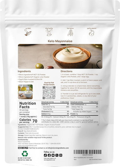 Polvo de Aceite MCT Orgánico con Fibra Prebiótica, 1 Libra (16 Onzas) | Energía Rápida para el Cuerpo y el Cerebro | Aceite MCT C8 para Cremas de Café | Sin OGM, Dieta Keto, Vegano