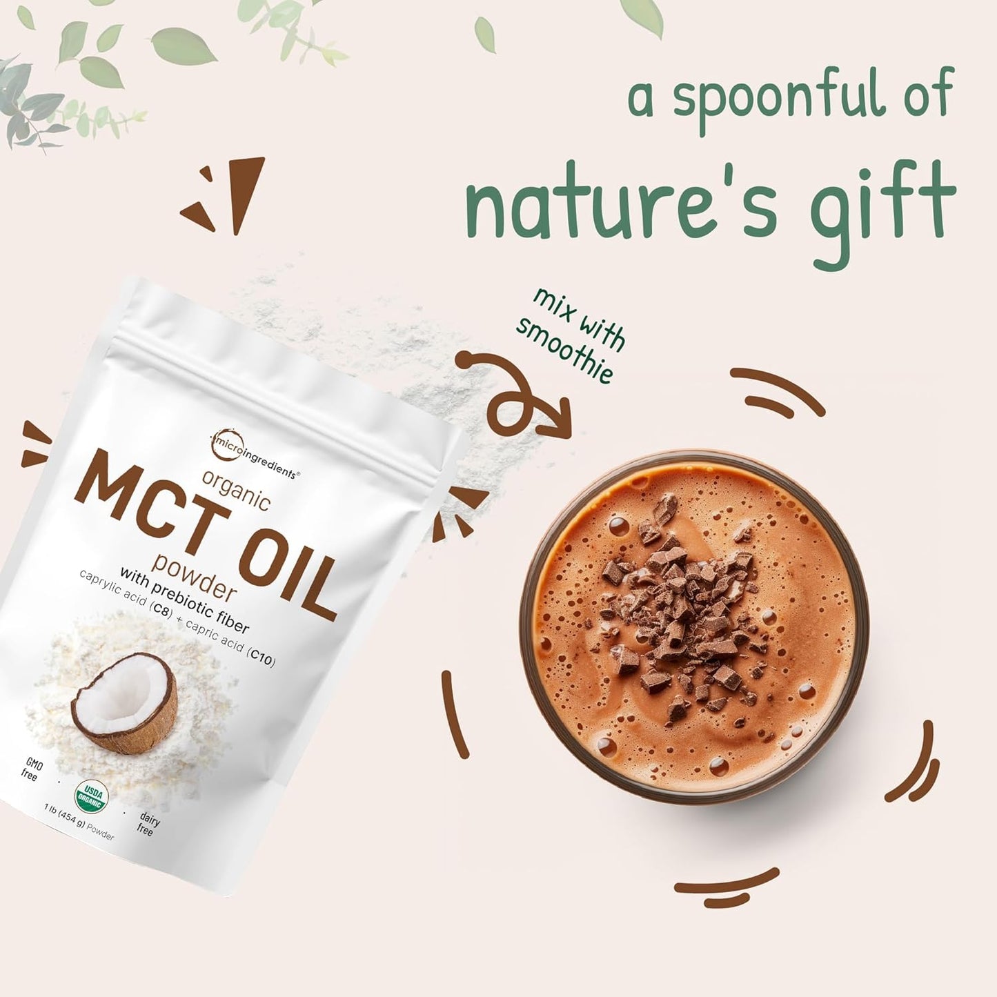 Polvo de Aceite MCT Orgánico con Fibra Prebiótica, 1 Libra (16 Onzas) | Energía Rápida para el Cuerpo y el Cerebro | Aceite MCT C8 para Cremas de Café | Sin OGM, Dieta Keto, Vegano